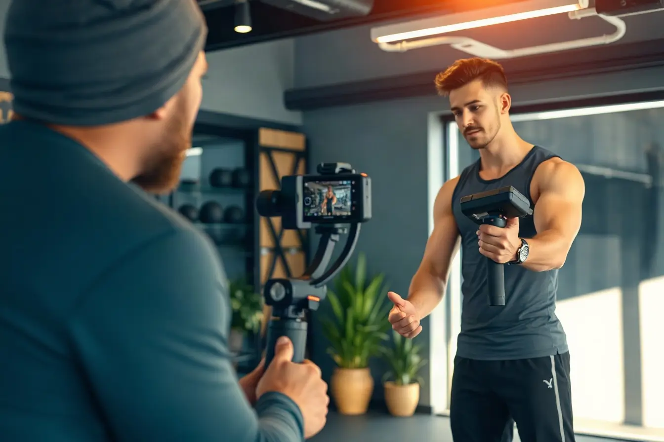 A fitness trainer being filmed for social media reels in a modern gym