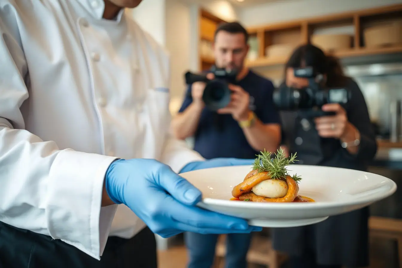 A restaurant chef plating a dish while a videographer films a close-up