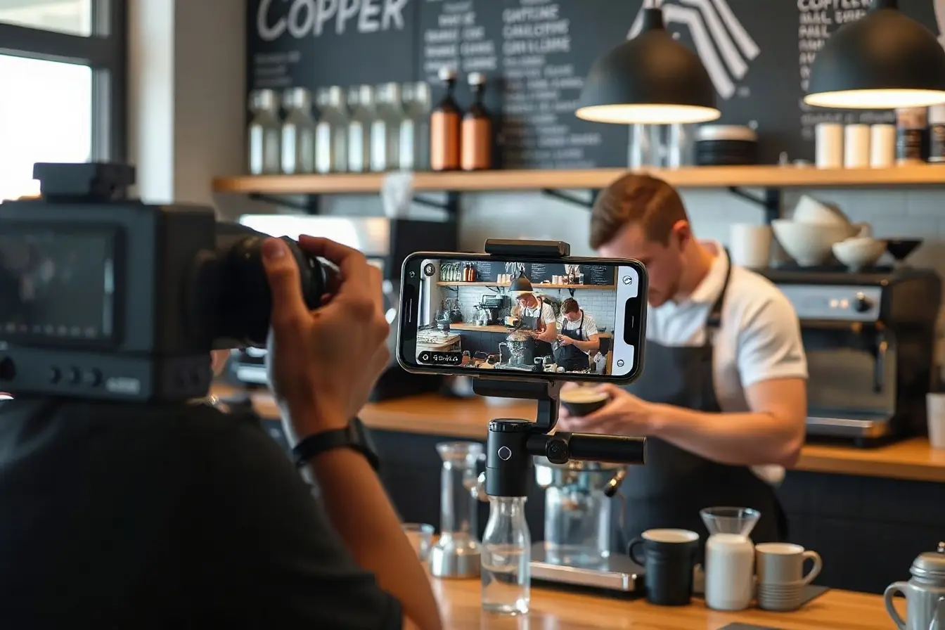 A videographer using a gimbal to film a barista making coffee